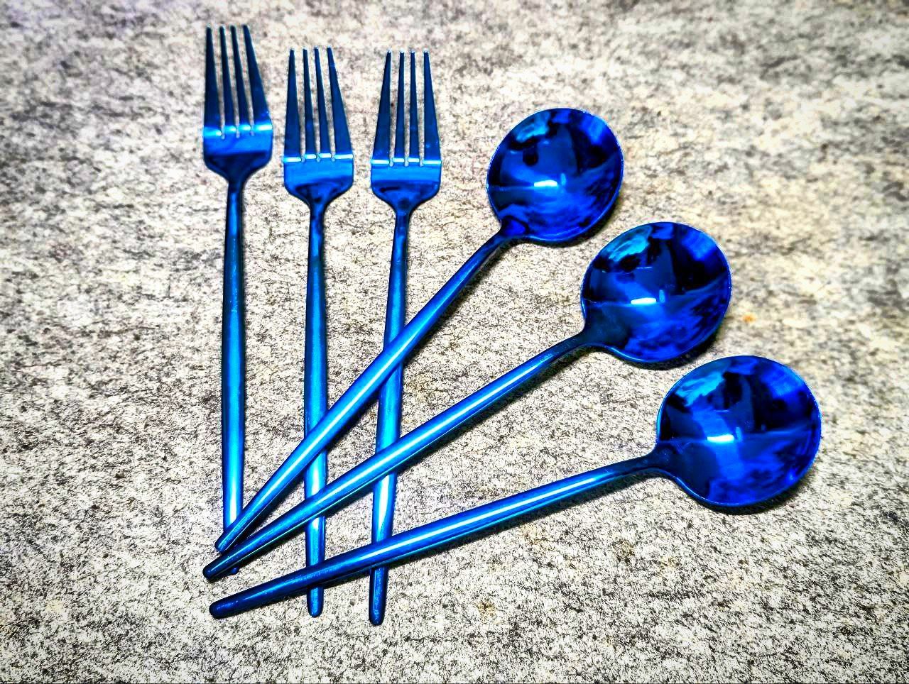 Picture of 6 Pcs 8 inch Stainless Steel Blue Fork & Spoon Set 