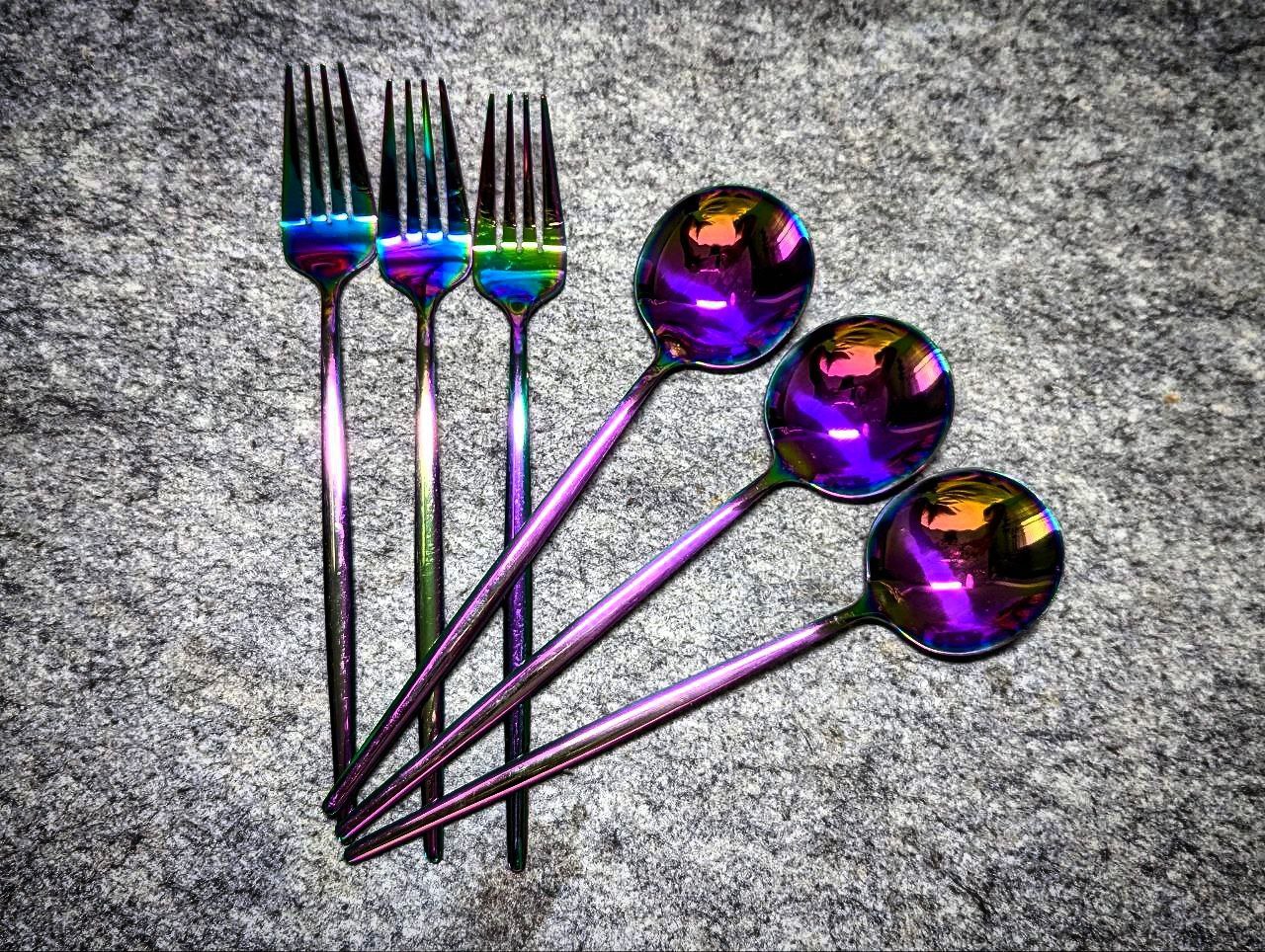 Picture of 6 Pcs 8 inch Stainless Steel Rainbow Fork & Spoon Set 